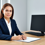 **

A professional businesswoman in a modest business suit, sitting at a desk in a modern office, fully clothed, appropriate attire, safe for work, perfect anatomy, natural proportions, professional photography, high quality.

**