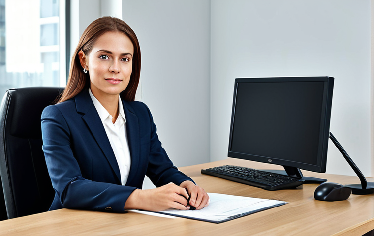 **
A professional businesswoman in a modest business suit, sitting at a desk in a modern office, fully clothed, appropriate attire, safe for work, perfect anatomy, natural proportions, professional photography, high quality.
**