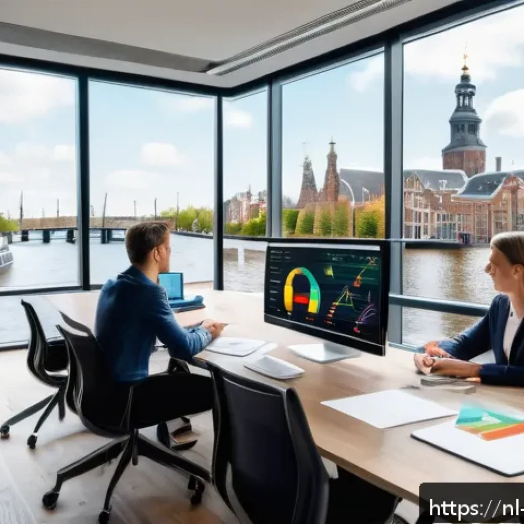 BB 세일즈 프로세스 개선을 위한 고객 요구 분석 - A modern B2B sales meeting scene in a sleek Amsterdam office, featuring diverse business professiona...
