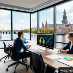 Home 18 BB 세일즈 프로세스 개선을 위한 고객 요구 분석 - A modern B2B sales meeting scene in a sleek Amsterdam office, featuring diverse business professiona...