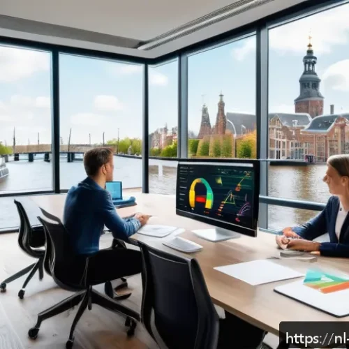Home 13 BB 세일즈 프로세스 개선을 위한 고객 요구 분석 - A modern B2B sales meeting scene in a sleek Amsterdam office, featuring diverse business professiona...