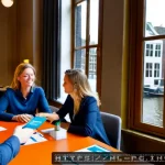 Home 20 BB 세일즈 프로세스 개선을 위한 스킬셋 향상 방법 - Photorealistic modern B2B sales coaching workshop in a bright Amsterdam canal-side office, diverse D...