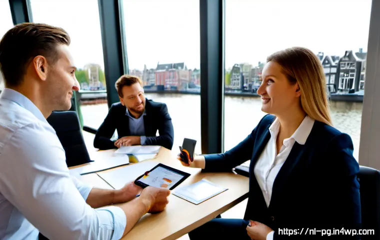 Home 17 BB 세일즈 프로세스 개선을 위한 고객 사례 활용 - Photorealistic Dutch B2B sales meeting in a bright modern Amsterdam office, diverse business team ga...