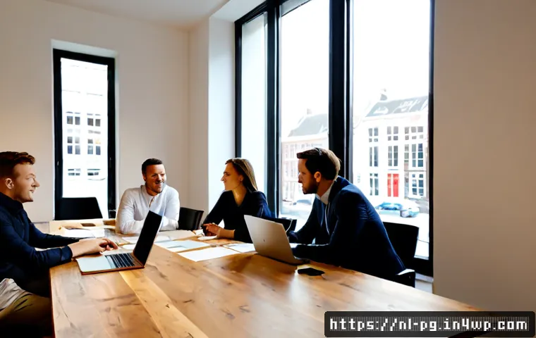 Home 17 BB 세일즈 프로세스 개선을 위한 고객 중심 사고 - Photorealistic Dutch B2B sales meeting in a bright modern Amsterdam office, a diverse account manage...